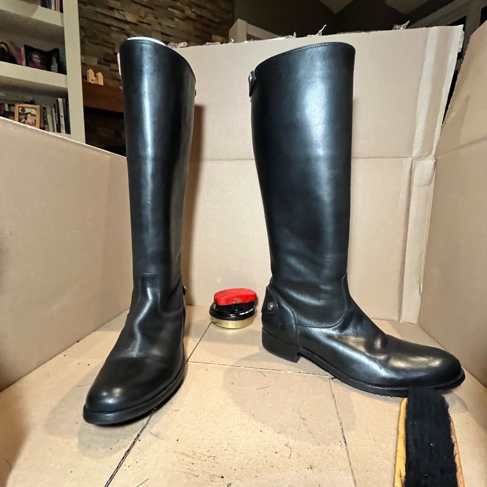 Rare! FRYE black leather calf high boots with back closure, only worn once!
